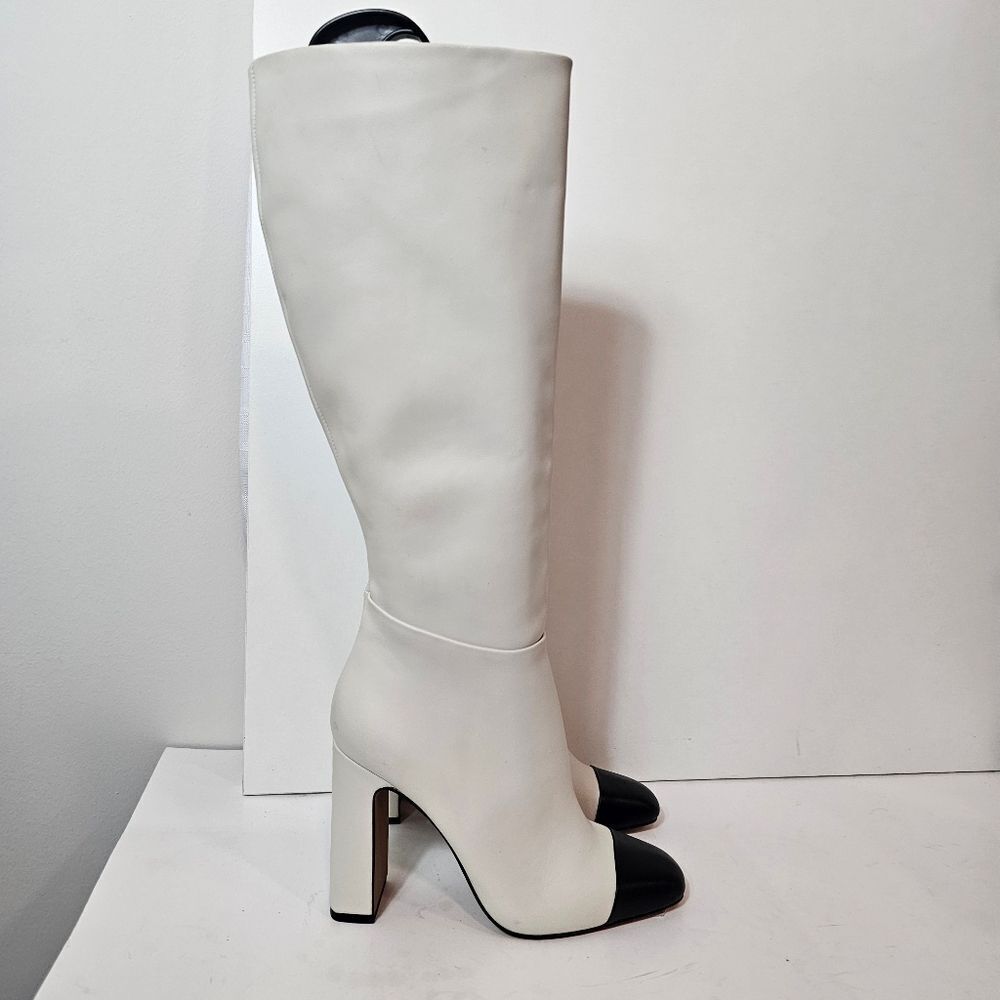 NEW STEVE MADDEN Ally Bone Black Cap Toe Knee High Chunky Heel Boot  Size 5.5